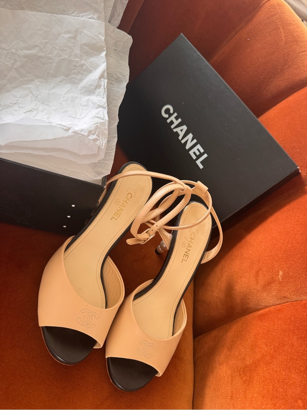 CHANEL Tan Leather Open-Toe Ankle Strap with pearl heels